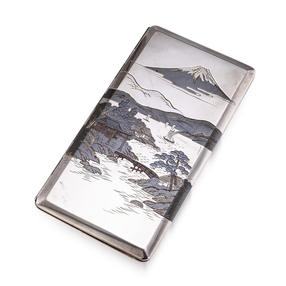 ANTIQUE 20thC JAPANESE SOLID SIVER, GOLD & ENAMEL SCENIC MT FUJI CIGARETTE CASE: Antique 20th Century Japanese solid silver cigarette case. The front and reverse are intricately engraved and enriched with gold and multi-coloured enamel detailing. The decoration depicts serene