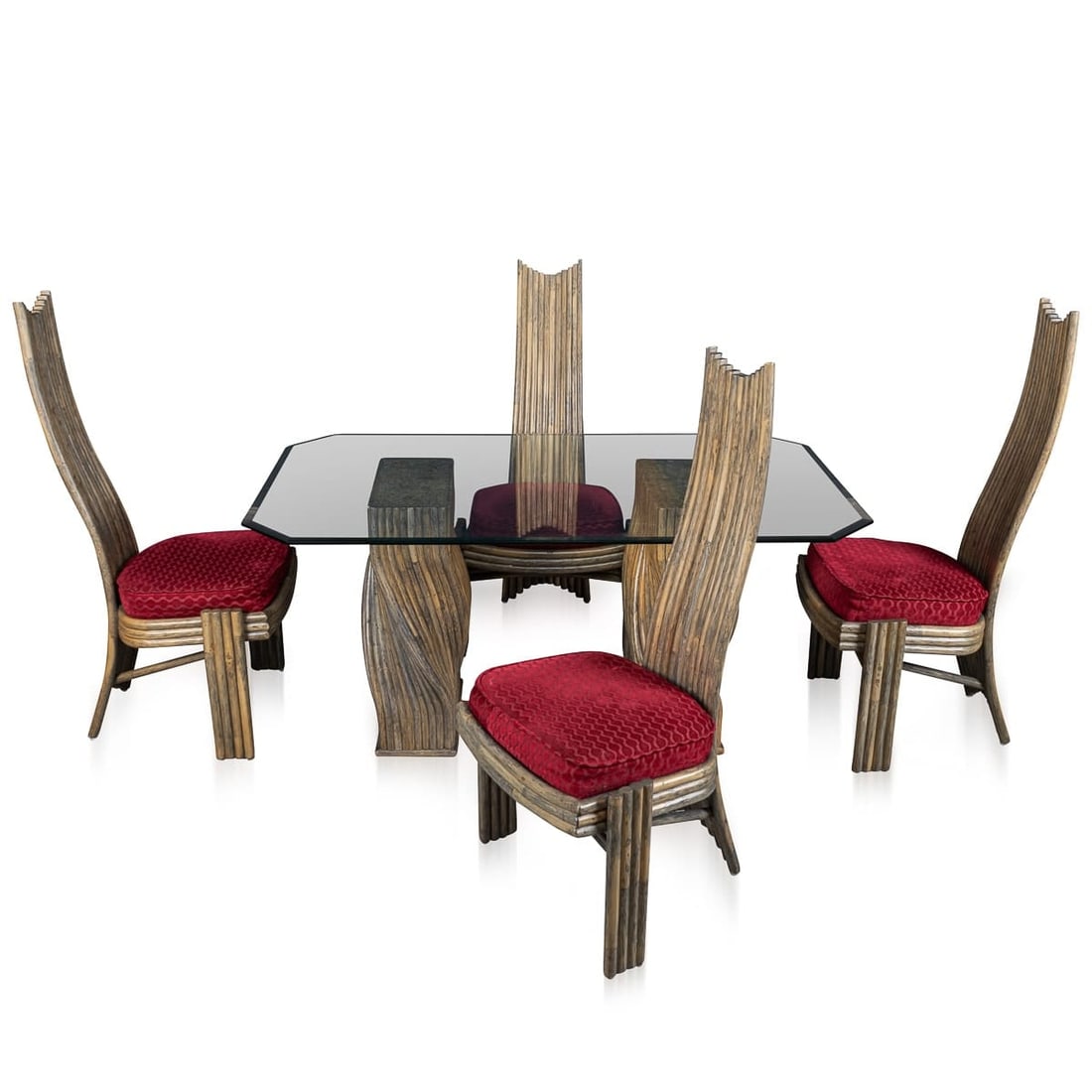 20thC AMERICAN DINING TABLE & FOUR CHAIRS BY MCGUIRE: Welcome to the timeless legacy of John and Elinor, the beloved founders of the iconic McGuire Furniture, a San Francisco-based institution that has been synonymous with craftsmanship and creativity