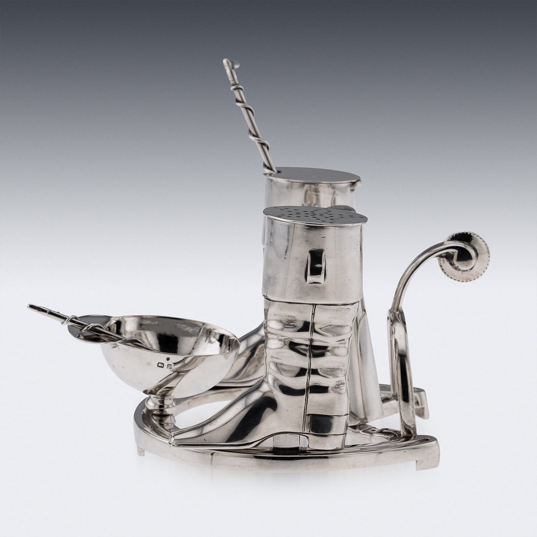 ANTIQUE 20thC ENGLISH SOLID SILVER NOVELTY JOCKEY CONDIMENT SET c.1908 - 3