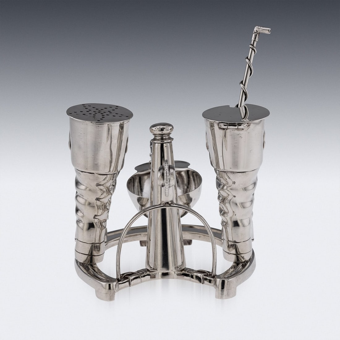 ANTIQUE 20thC ENGLISH SOLID SILVER NOVELTY JOCKEY CONDIMENT SET c.1908 - 4