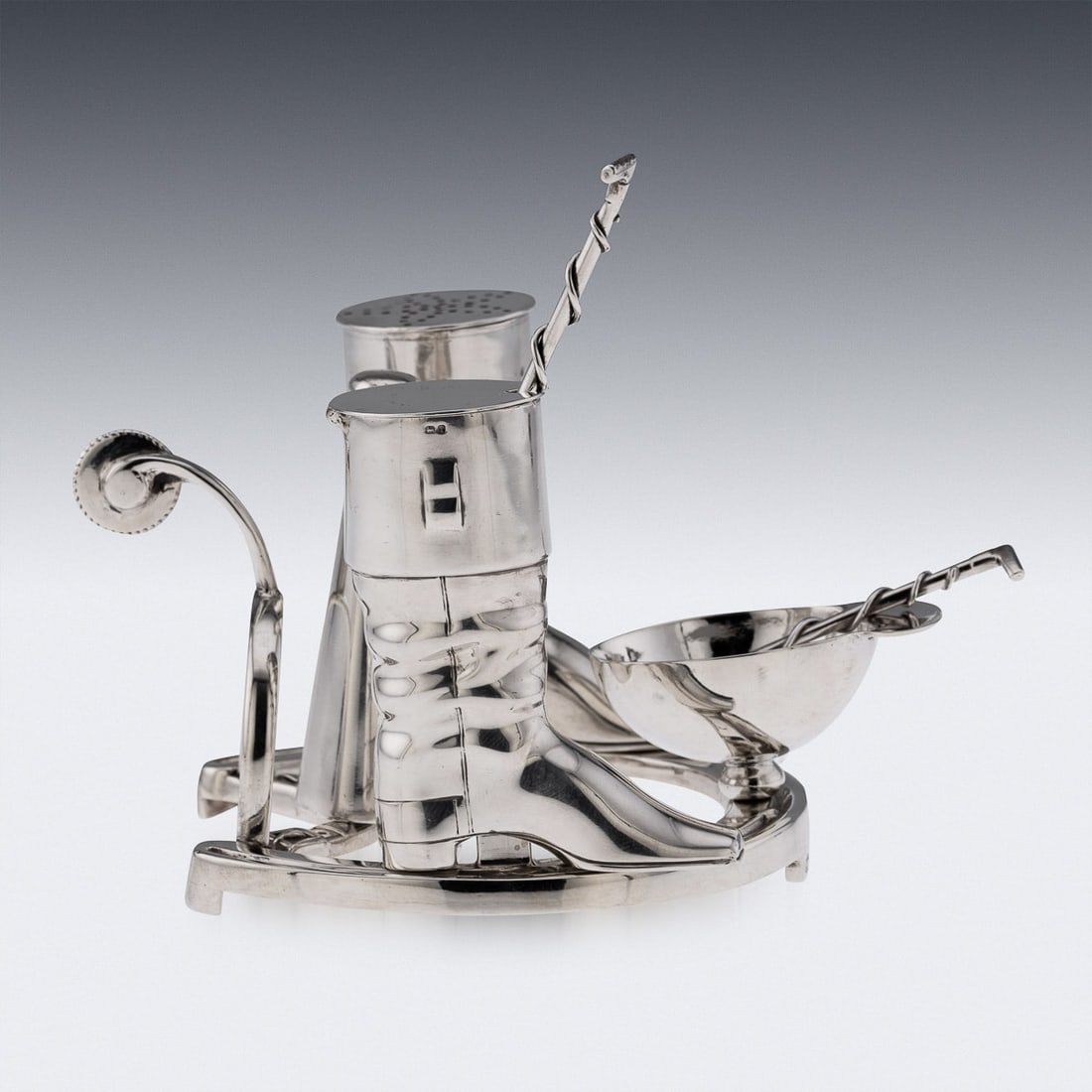 ANTIQUE 20thC ENGLISH SOLID SILVER NOVELTY JOCKEY CONDIMENT SET c.1908 - 5