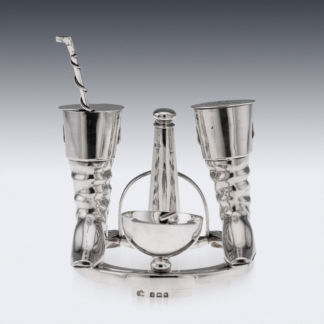 ANTIQUE 20thC ENGLISH SOLID SILVER NOVELTY JOCKEY CONDIMENT SET c.1908 - 6