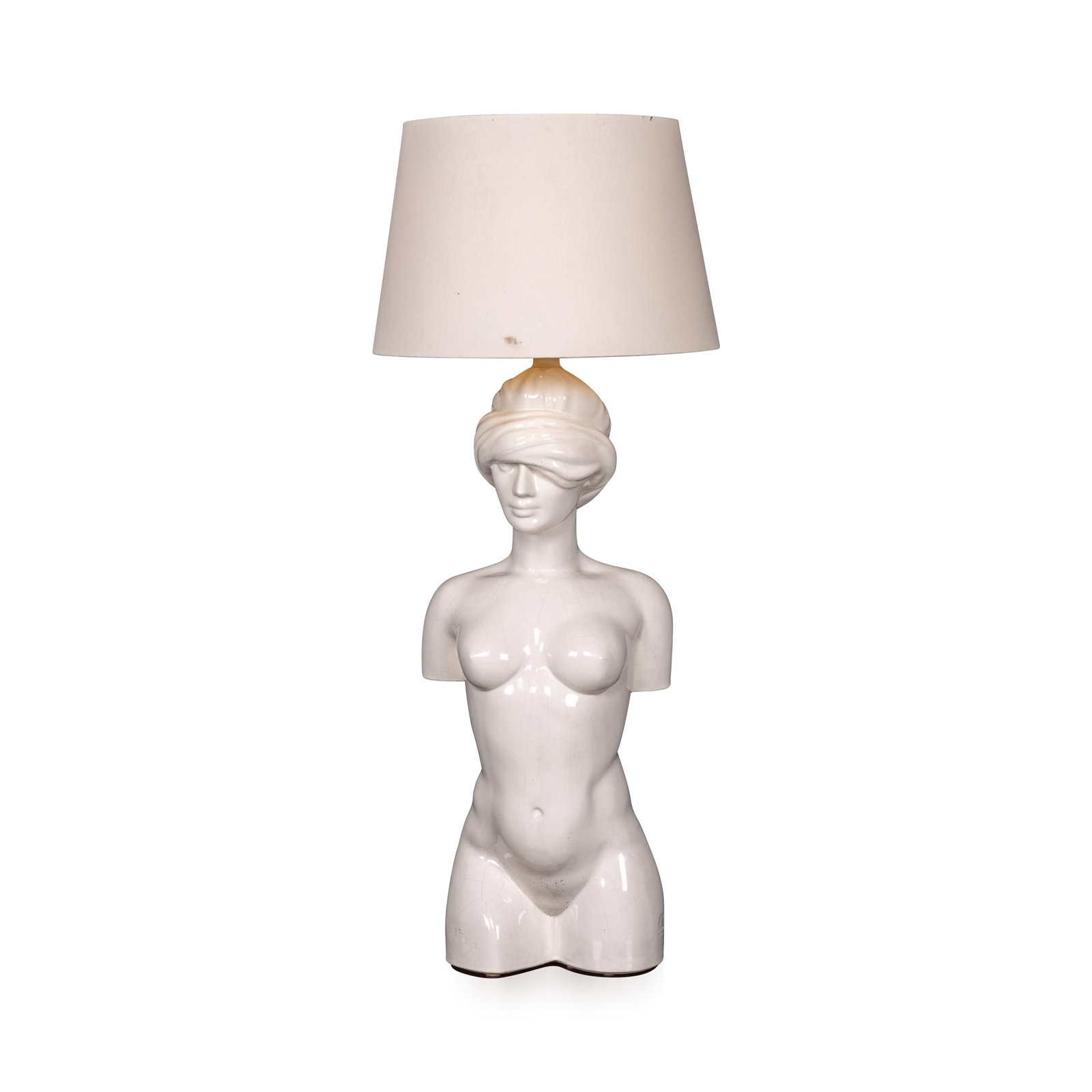 20thC ITALIAN CERAMIC TABLE LAMP BY GIULIO CINIGLIA FOR VIVAI DEL SUD c.1970: A striking and sculptural table lamp designed by Giulio Ciniglia for Vivai del Sud in the 1970s. Crafted in glazed ceramic, the lamp takes the form of a stylised classical female torso with a serene