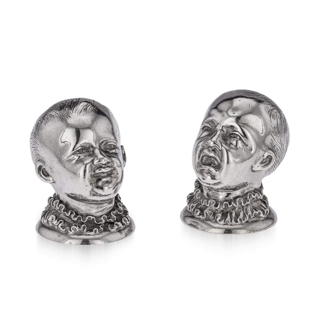 ANTIQUE 19thC VICTORIAN SOLID SILVER NOVELTY SALT & PEPPER, LONDON c.1880: Antique 19th Century Victorian very rare pair of novelty cast solid silver table salt & pepper, realistically modelled as two childrens heads, one laughing and the other crying, with screw lids