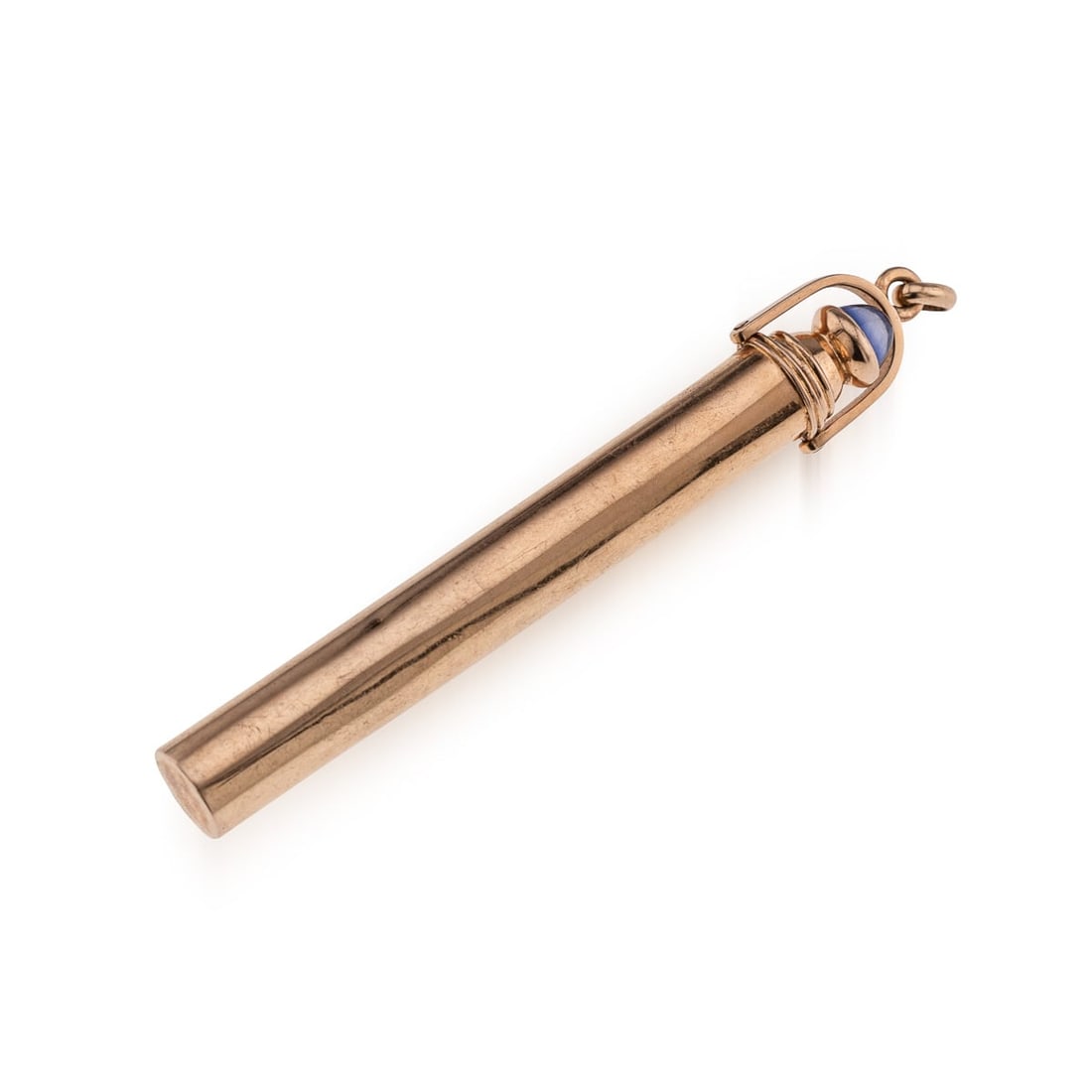 ANTIQUE 20thC FRENCH SOLID GOLD & SAPPHIRE RETRACTABLE PENCIL c.1900: Antique 20th Century possibly French 14ct gold retractible pencil. Designed to be attached to a key chain or as a pendant, this pencil features a blue cabochon sapphire decorative tip which is