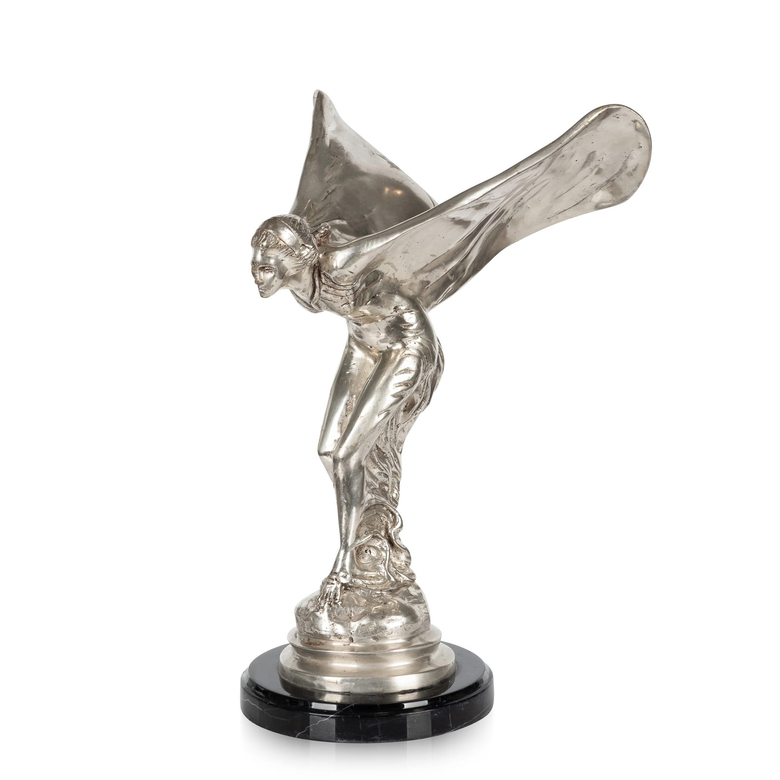 20thC ROLLS ROYCE 'SPIRIT OF ECSTASY' STATUE: A 20th Century English silver plated model of the legendary Rolls-Royce mascot which was designed by Charles Sykes, this later cast silver plated statue stands on round marble plinth. The Spirit of