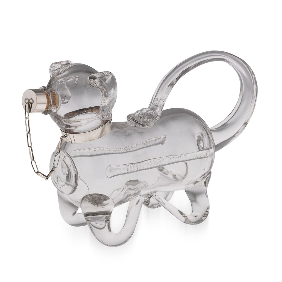 ANTIQUE 20thC ENGLISH SOLID SILVER & GLASS NOVELTY CLARET JUG c.1916: Antique early 20th Century English solid silver & glass dog shaped claret jug. The jug features a meticulously crafted glass body, shaped to resemble a dog. A sterling silver collar is connected