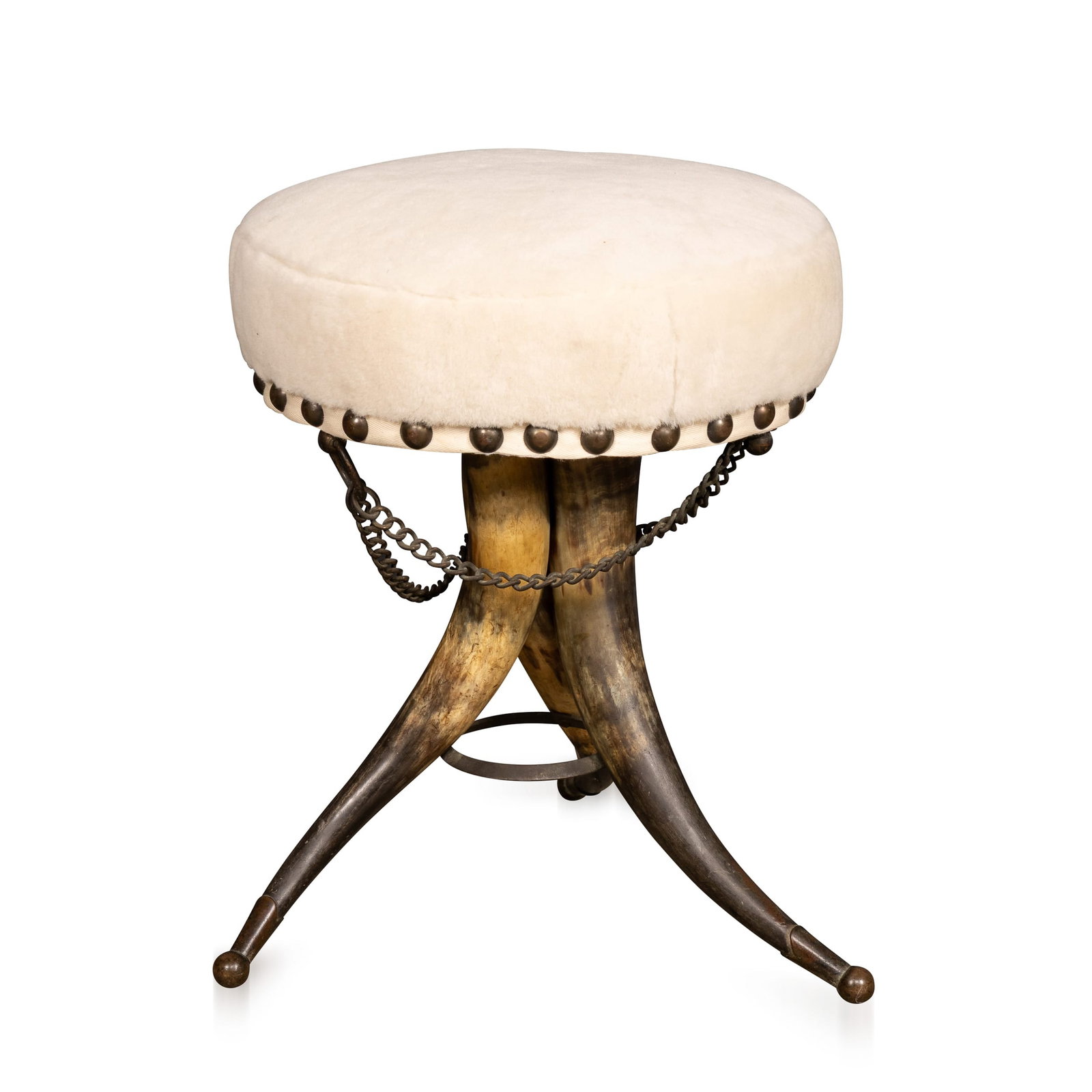 ANTIQUE 19thC VICTORIAN COW HORN STOOL c.1890: Antique 19th Century Victorian three legged cow horn stool, recently reupholstered in a cream bouclé fabric. The original brass studs have been retained, adding a thoughtful finishing detail