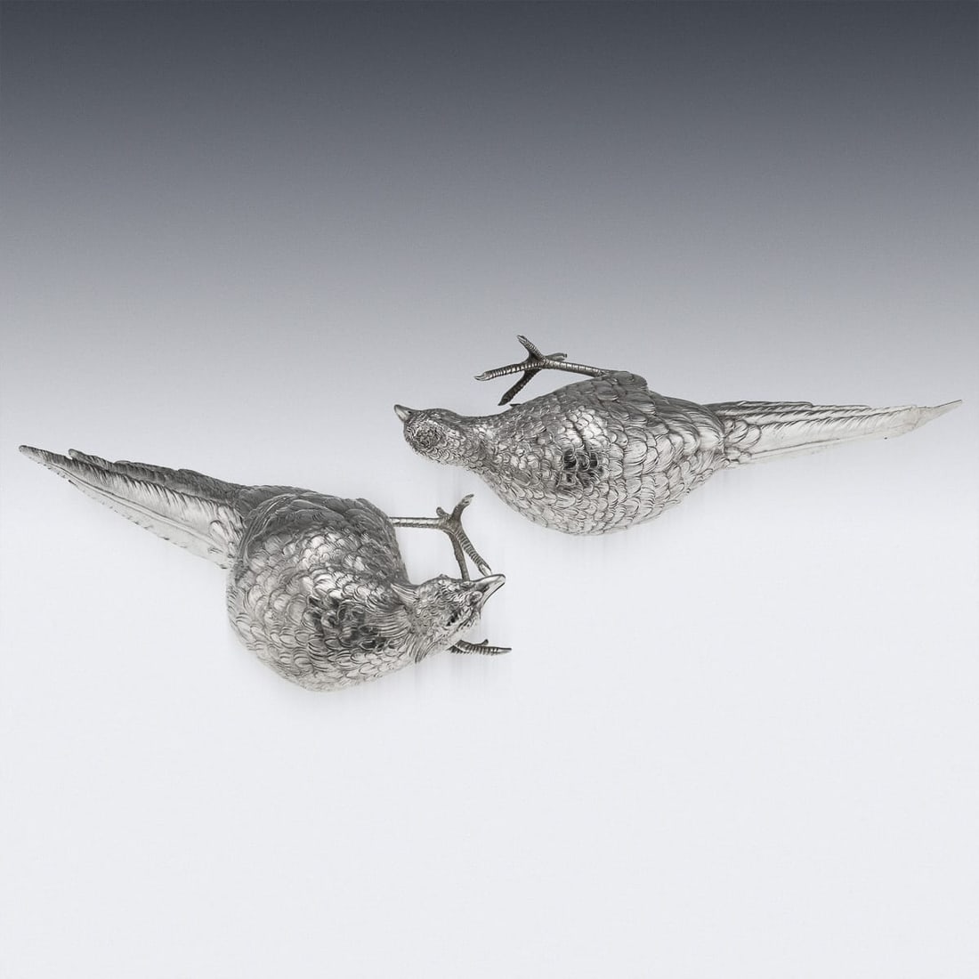 ANTIQUE 20thC ITALIAN SOLID SILVER PAIR OF PHEASANT STATUES c.1920 - 12