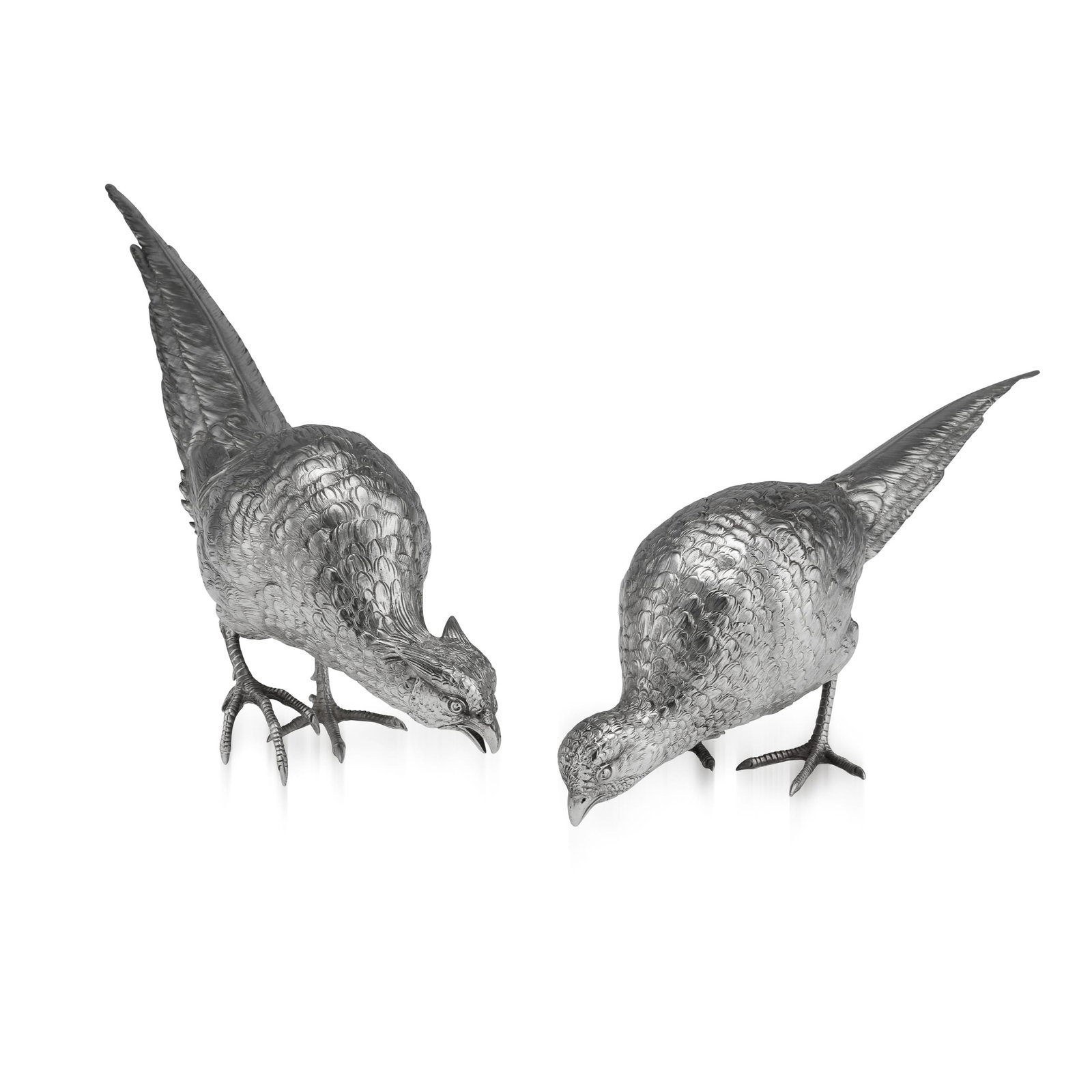 ANTIQUE 20thC ITALIAN SOLID SILVER PAIR OF PHEASANT STATUES c.1920: Antique early 20th Century pair of large and impressive solid silver table ornaments modelled as a cock and hen pheasant. Beautifully crafted, each bird displays finely chased naturalistic detail,