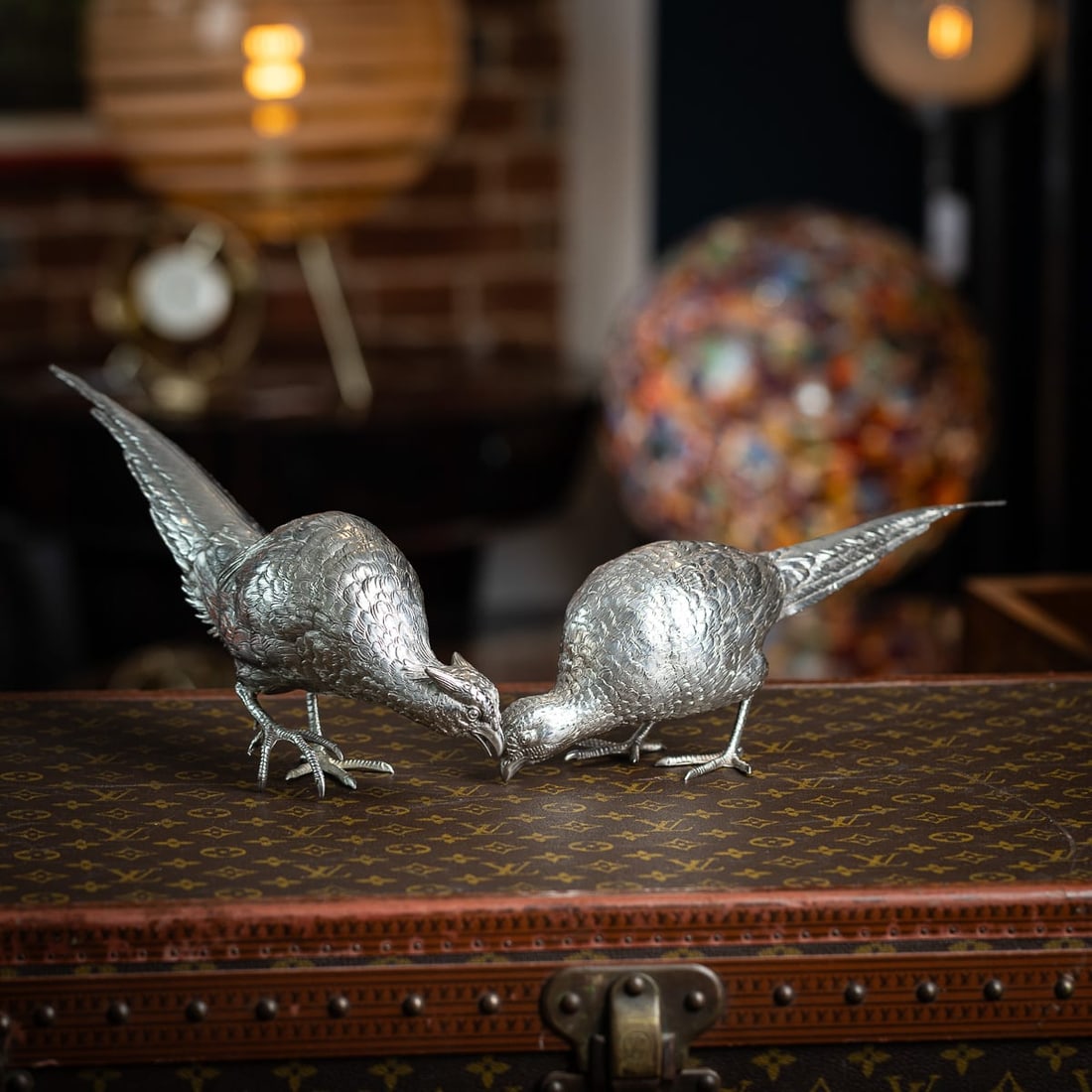 ANTIQUE 20thC ITALIAN SOLID SILVER PAIR OF PHEASANT STATUES c.1920 - 2