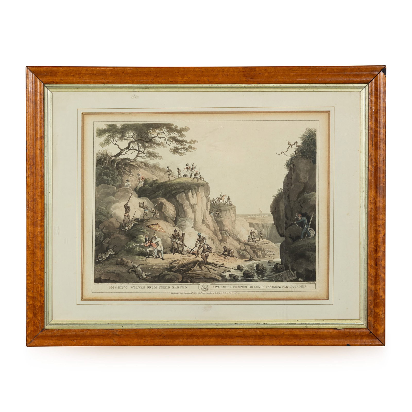 ANTIQUE 19thC "CHASSE DES LOUPS DANS LEURS TANIÈRES" BY EDWARD ORME c.1806: A finely engraved sporting print entitled “Smoking Wolves from their Earths / Chasse des Loups dans leurs Tanières”, published on 1 September 1806 by Edward Orme, Printseller to His