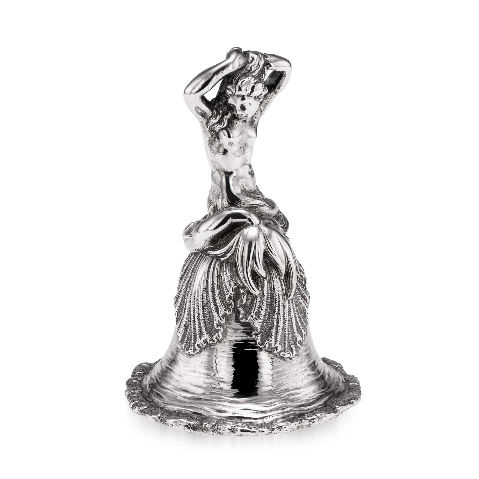 ANTIQUE 19thC VICTORIAN SOLID SILVER DESK / DINNER BELL c.1886: Antique 19th Century Victorian solid silver desk or dinner bell. The bell, of heavy gauge features a mermaid mythical woman as the figure. The inside of the bell is richly gilt. Hallmarked English