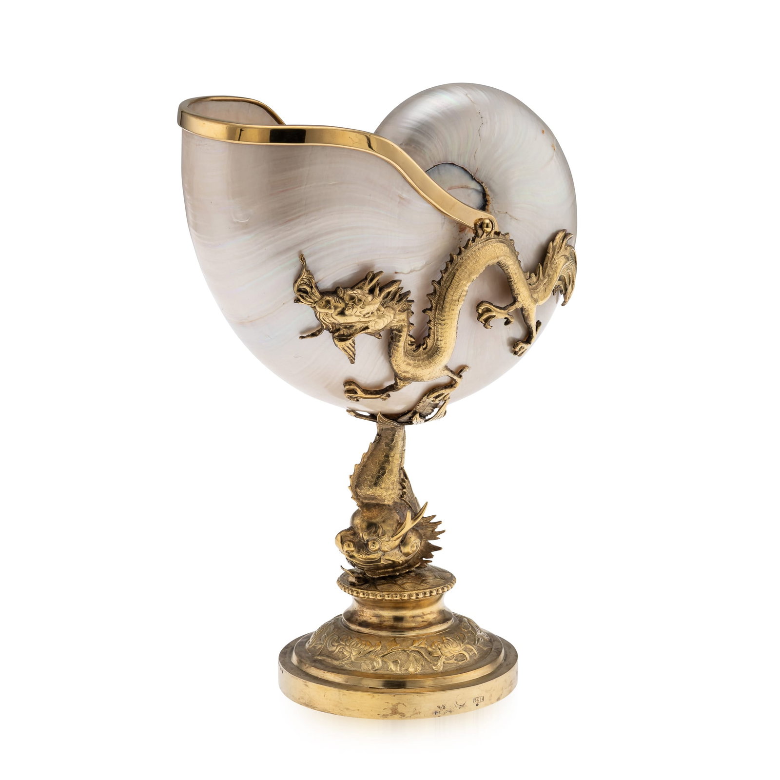 ANTIQUE 19thC CHINESE GILT SOLID SILVER MOUNTED NAUTILUS SHELL CENTREPIECE: Antique 19th Century Chinese gilt solid silver nautilus shell centrepiece, mounted with a boldly modelled dragon in high relief. The natural shell is set horizontally within a shaped gilt silver rim,