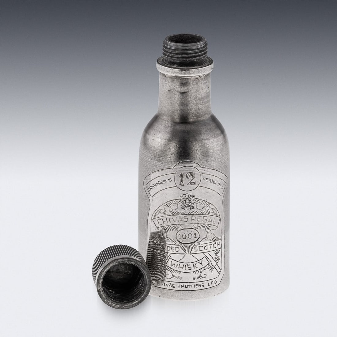 NOVELTY SOLID SILVER MINIATURE CHIVAS REGAL WHISKY BOTTLE - 4