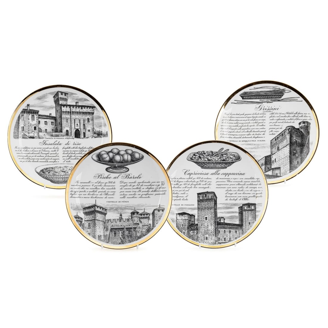 20thC SET OF FOUR "RECIPE" PLATES BY FORNASETTI, COMMISSIONED BY FIAT c.1950: A charming and rare set of four porcelain plates, created by Piero Fornasetti in the 1950s, specially commissioned by Fiat to celebrate the culinary and cultural traditions of Turin. Each plate