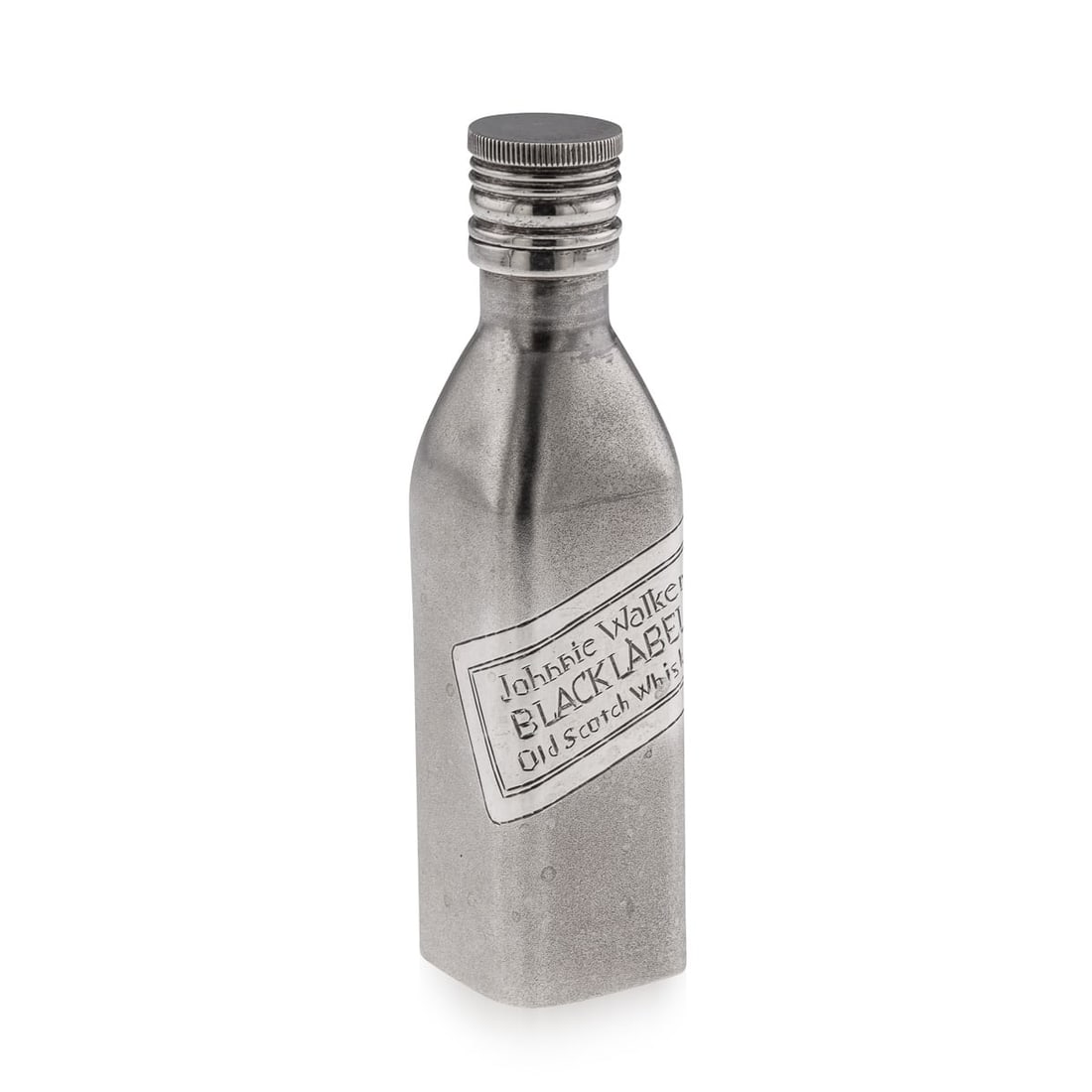 20thC NOVELTY SOLID SILVER MINIATURE JOHNNIE WALKER WHISKY BOTTLE: Modern 20th Century solid silver novelty Johnnie Walker whisky bottle. Of a miniature size however heavy gauge throughout. Rectangular form with a frosted finish throughout. Engraved with the label