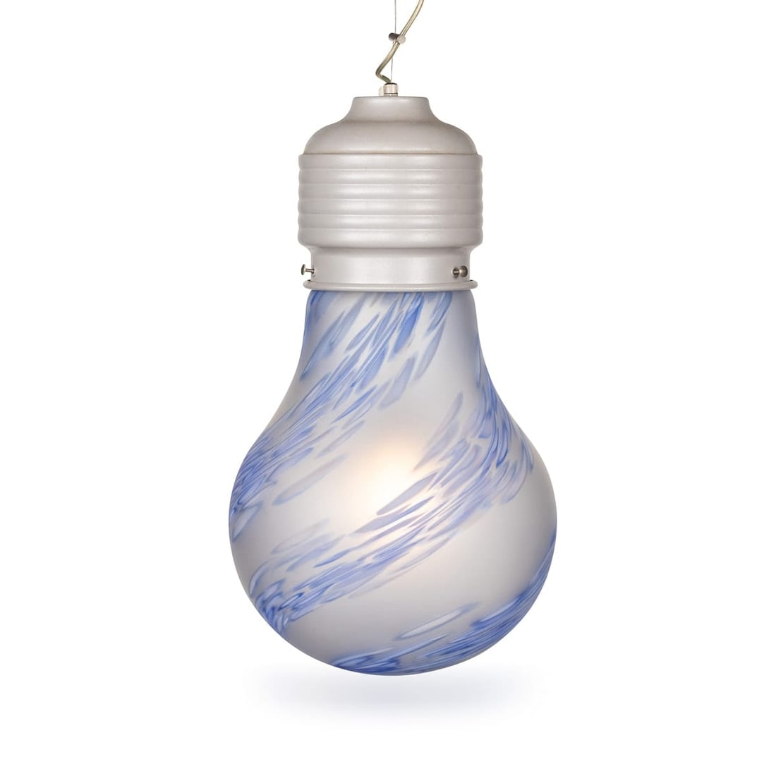 20thC ITALIAN HAND BLOWN CEILING LIGHT IN THE FORM OF A LIGHT BULB, BY DUE P: A unique 20th Century ceiling light, designed in the form of a light bulb. The hand-blown glass features a smooth satin finish that softly diffuses light, creating a warm and inviting ambiance. Its
