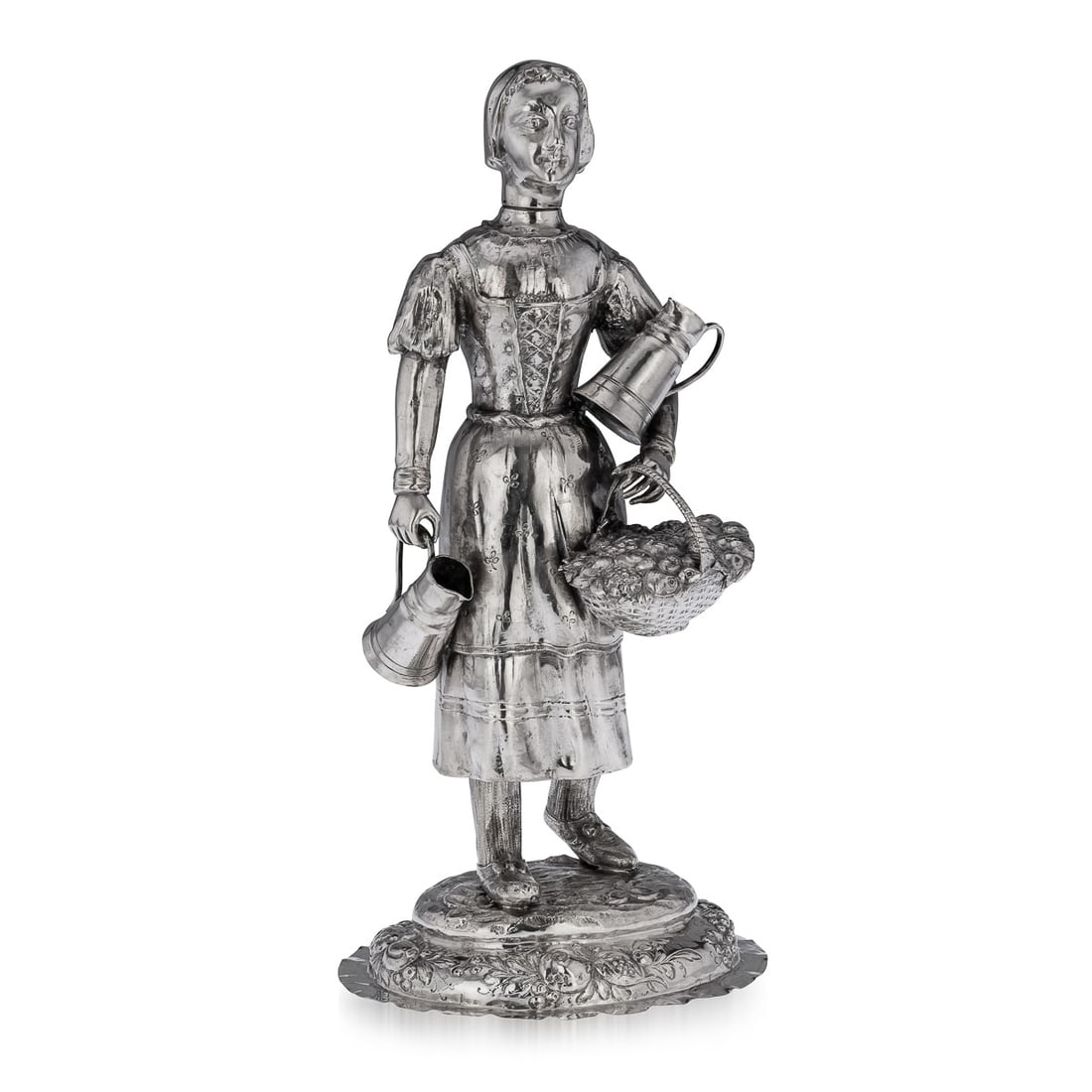 ANTIQUE 19thC GERMAN SOLID SILVER FIGURE OF A FRUIT SELLER c.1880: Antique 19th Century German solid silver figural table ornament modelled as a female fruit seller, standing on a large shaped-oval base embossed with flowers, right hand holding a water pitcher and