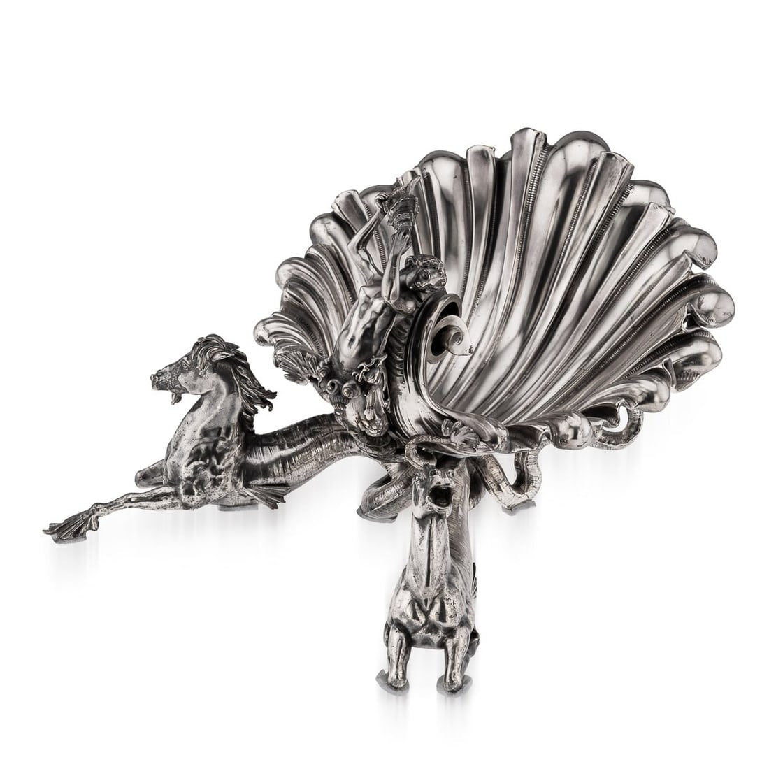 ANTIQUE 19thC FRENCH SILVER PLATE HIPPOCAMPI, MERMAID & SHELL CENTREPIECE c.1890: Antique late 19th Century French silver plate centrepiece. The bowl is exquisitely crafted in the form of a large clam shell, featuring a mermaid perched atop, serving as a handle while holding a