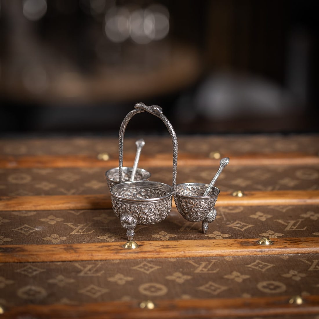 ANTIQUE 19thC INDIAN SOLID SILVER CONDIMENT SET, OOMERSI MAWJI, BHUJ c.1890 - 2