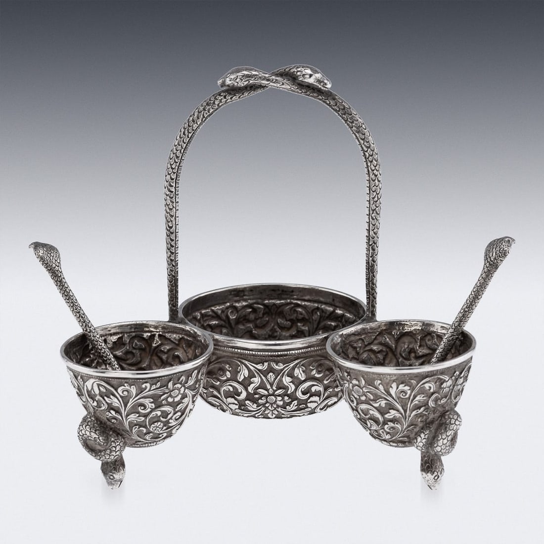 ANTIQUE 19thC INDIAN SOLID SILVER CONDIMENT SET, OOMERSI MAWJI, BHUJ c.1890 - 5