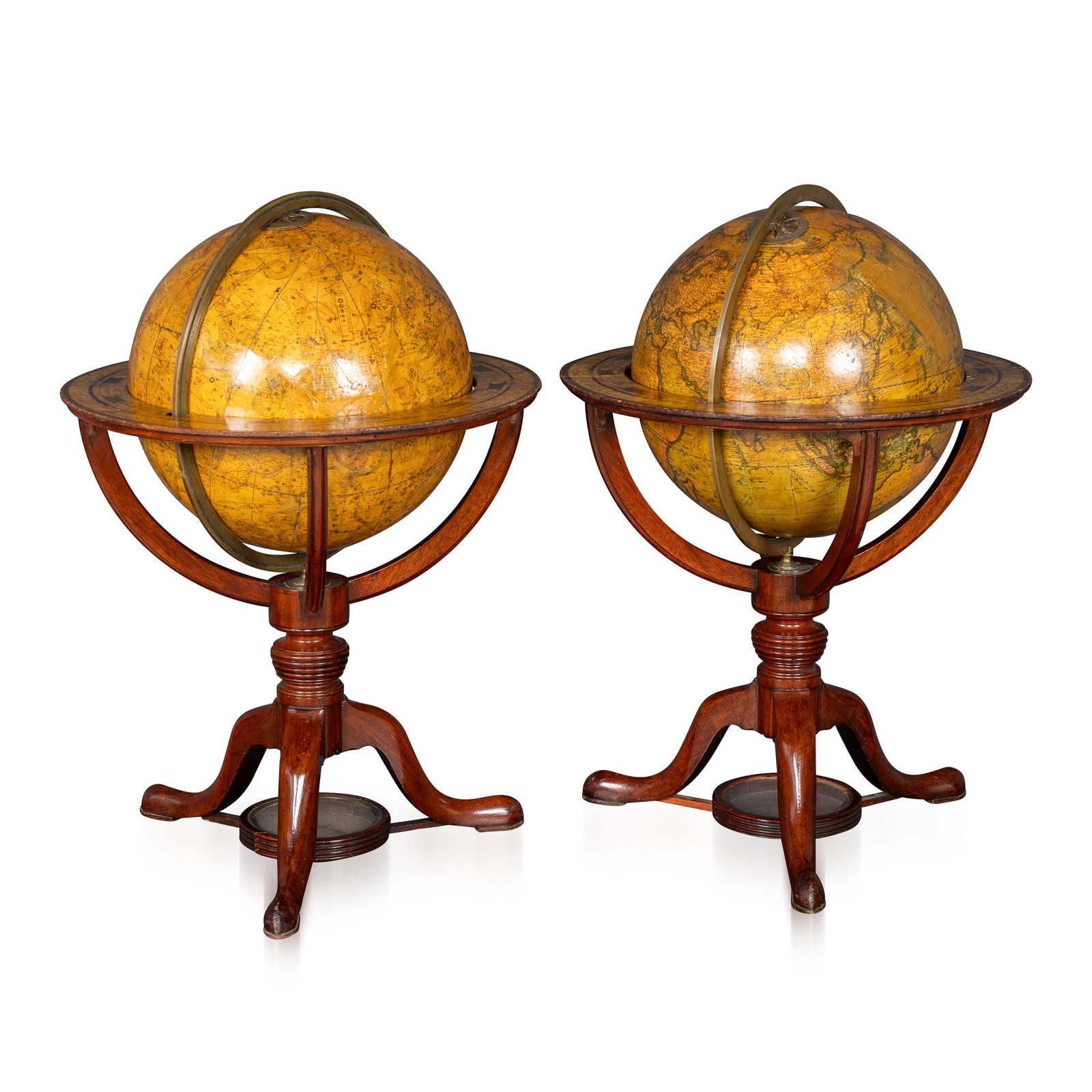 ANTIQUE 19thC PAIR OF CARY'S 12 INCH TERRESTRIAL & CELESTIAL GLOBES c.1821: An exceptional pair of Cary’s 12-inch terrestrial and celestial globes, published in 1821, and raised on elegant mahogany stands. Produced by the renowned London cartographers Cary, these