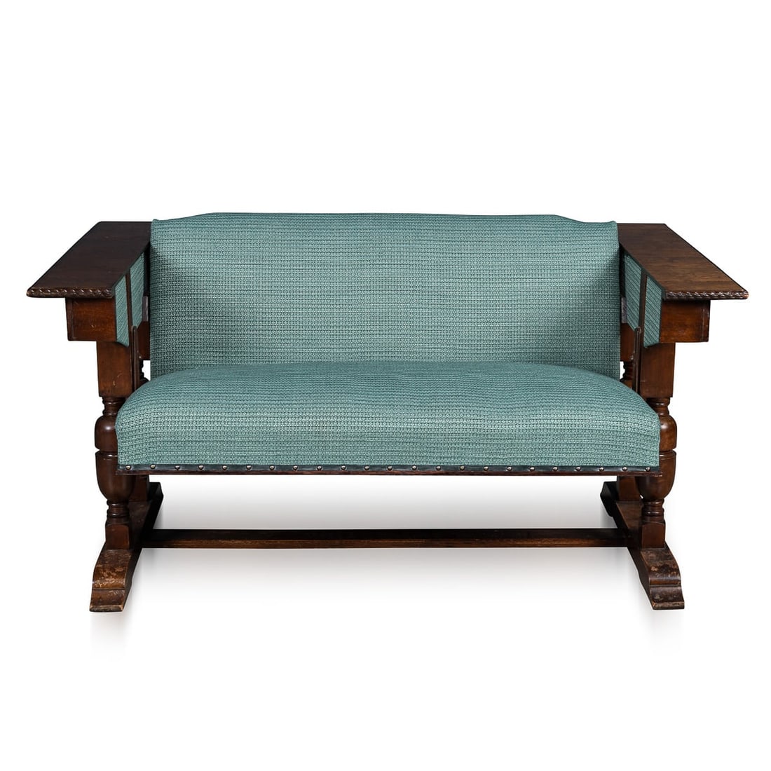 20thC ENGLISH METAMORPHIC "SETTEE TABLE" BY R. HAMP & CO, NORTHAMPTON c.1930: A piece for the true collector: a versatile metamorphic “settee table” from the 1930s that serves as either a generous dining table or a comfortable two-seater settee. Developed during