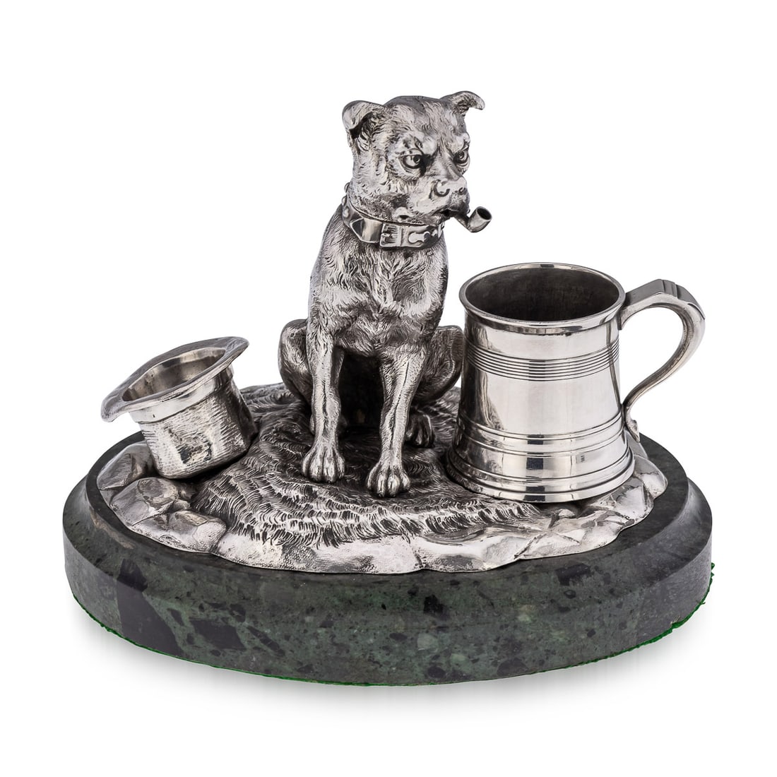 ANTIQUE 19thC VICTORIAN SOLID SILVER SMOKING COMPENDIUM, JAMES HENNELL c.1880: Antique 19th Century Victorian solid silver smoker's compendium, fashioned in the form of a seated dog indulging in a pipe, featuring a pull-off head. The charming design is complemented by a