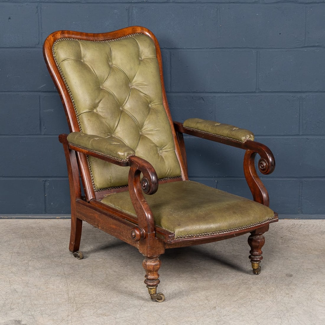 ANTIQUE 19thC ENGLISH MAHOGANY RECLINING ARMCHAIR WITH GREEN LEATHER UPHOLSTERY - 11