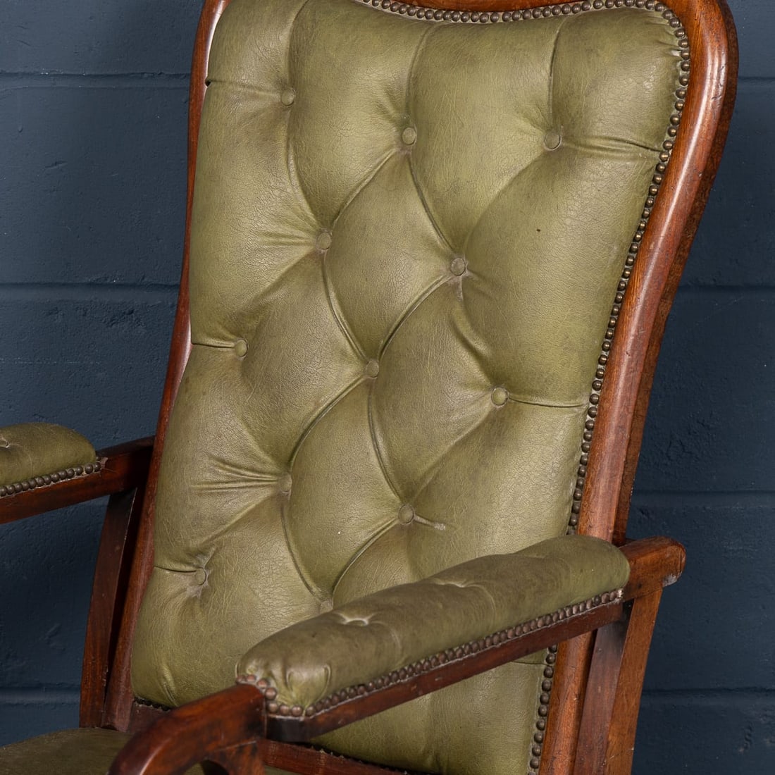 ANTIQUE 19thC ENGLISH MAHOGANY RECLINING ARMCHAIR WITH GREEN LEATHER UPHOLSTERY - 13
