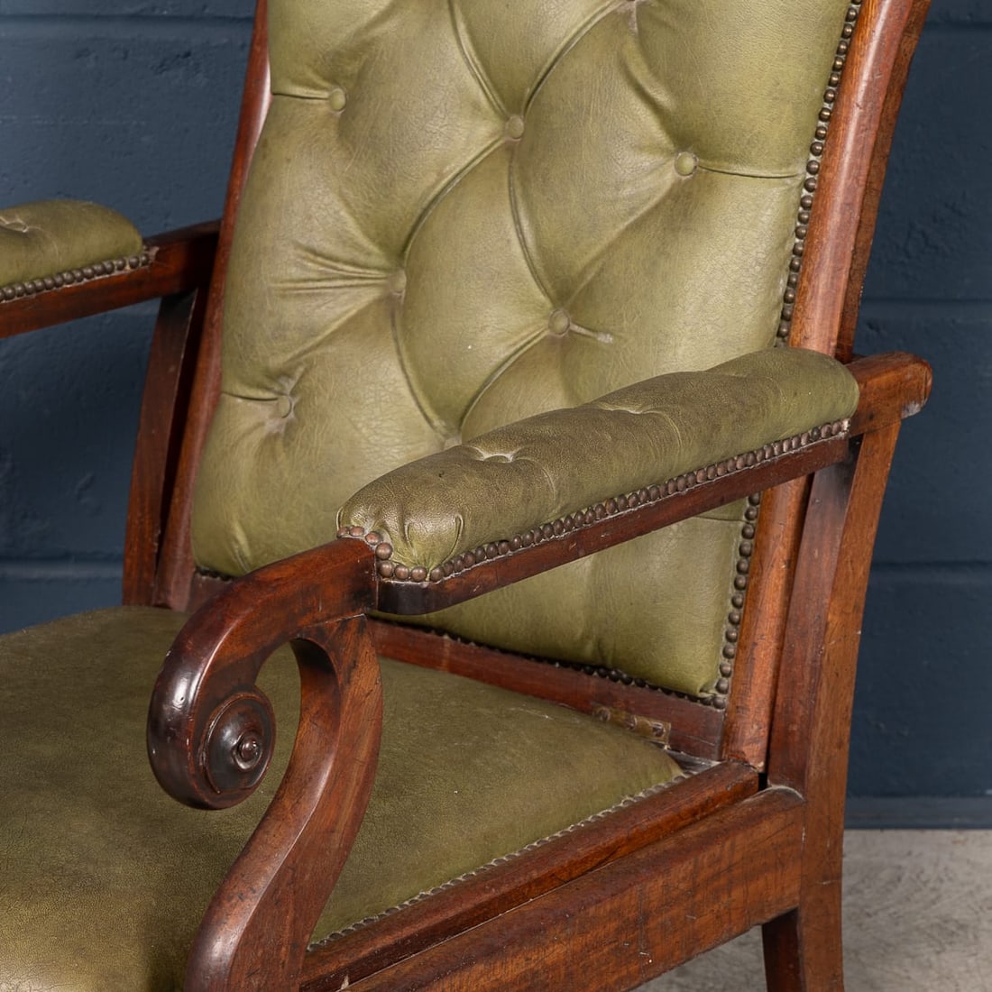 ANTIQUE 19thC ENGLISH MAHOGANY RECLINING ARMCHAIR WITH GREEN LEATHER UPHOLSTERY - 14