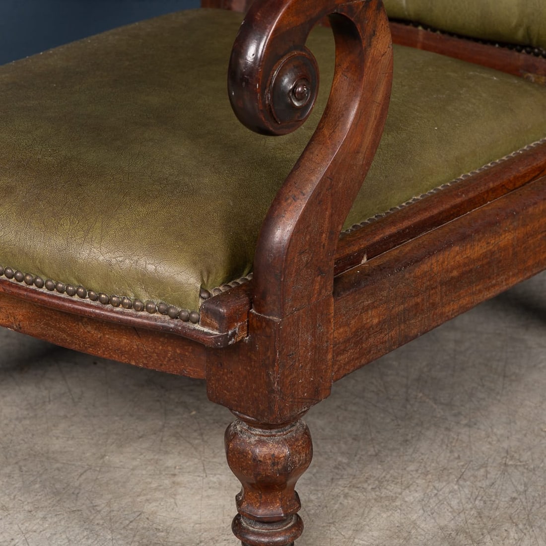 ANTIQUE 19thC ENGLISH MAHOGANY RECLINING ARMCHAIR WITH GREEN LEATHER UPHOLSTERY - 19