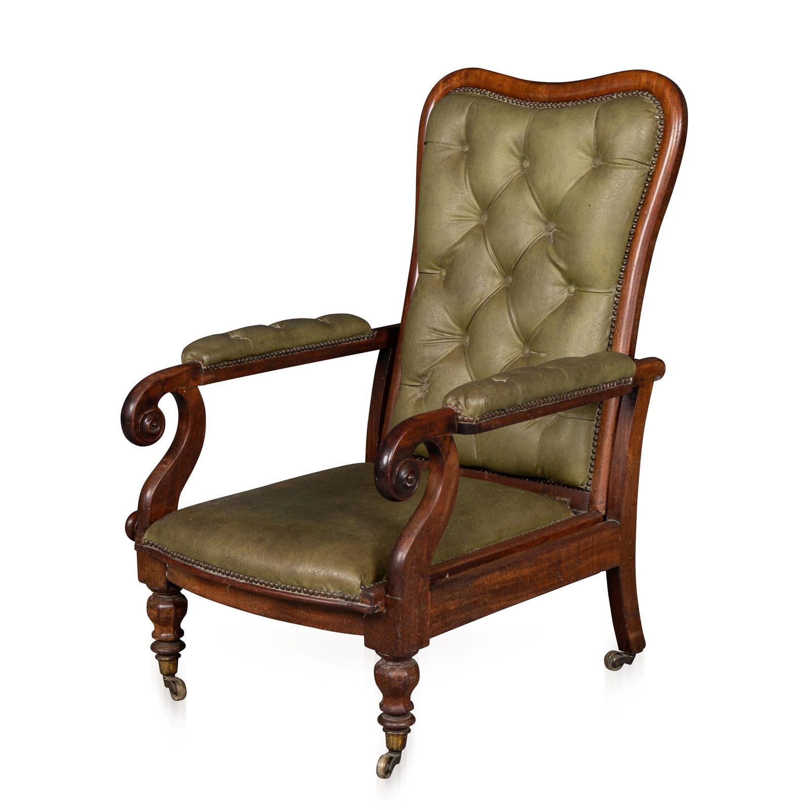 ANTIQUE 19thC ENGLISH MAHOGANY RECLINING ARMCHAIR WITH GREEN LEATHER UPHOLSTERY: A handsome late Victorian reclining armchair, produced in England in the late 19th century, combining robust craftsmanship with a refined sense of comfort and form. The frame is constructed in solid
