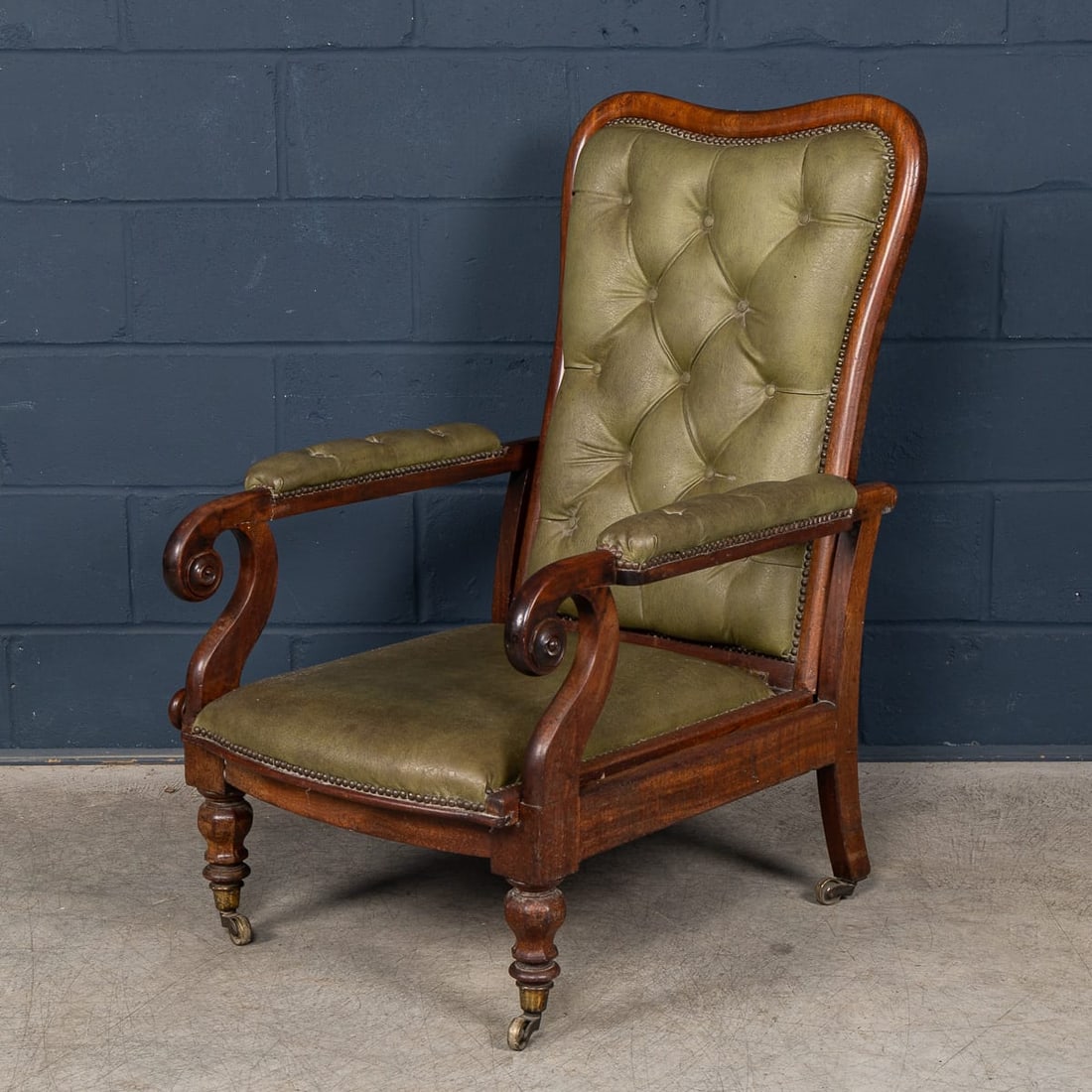 ANTIQUE 19thC ENGLISH MAHOGANY RECLINING ARMCHAIR WITH GREEN LEATHER UPHOLSTERY - 2