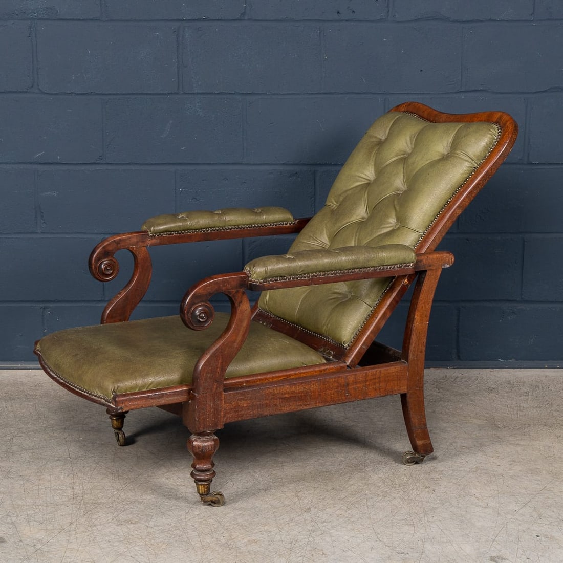 ANTIQUE 19thC ENGLISH MAHOGANY RECLINING ARMCHAIR WITH GREEN LEATHER UPHOLSTERY - 3