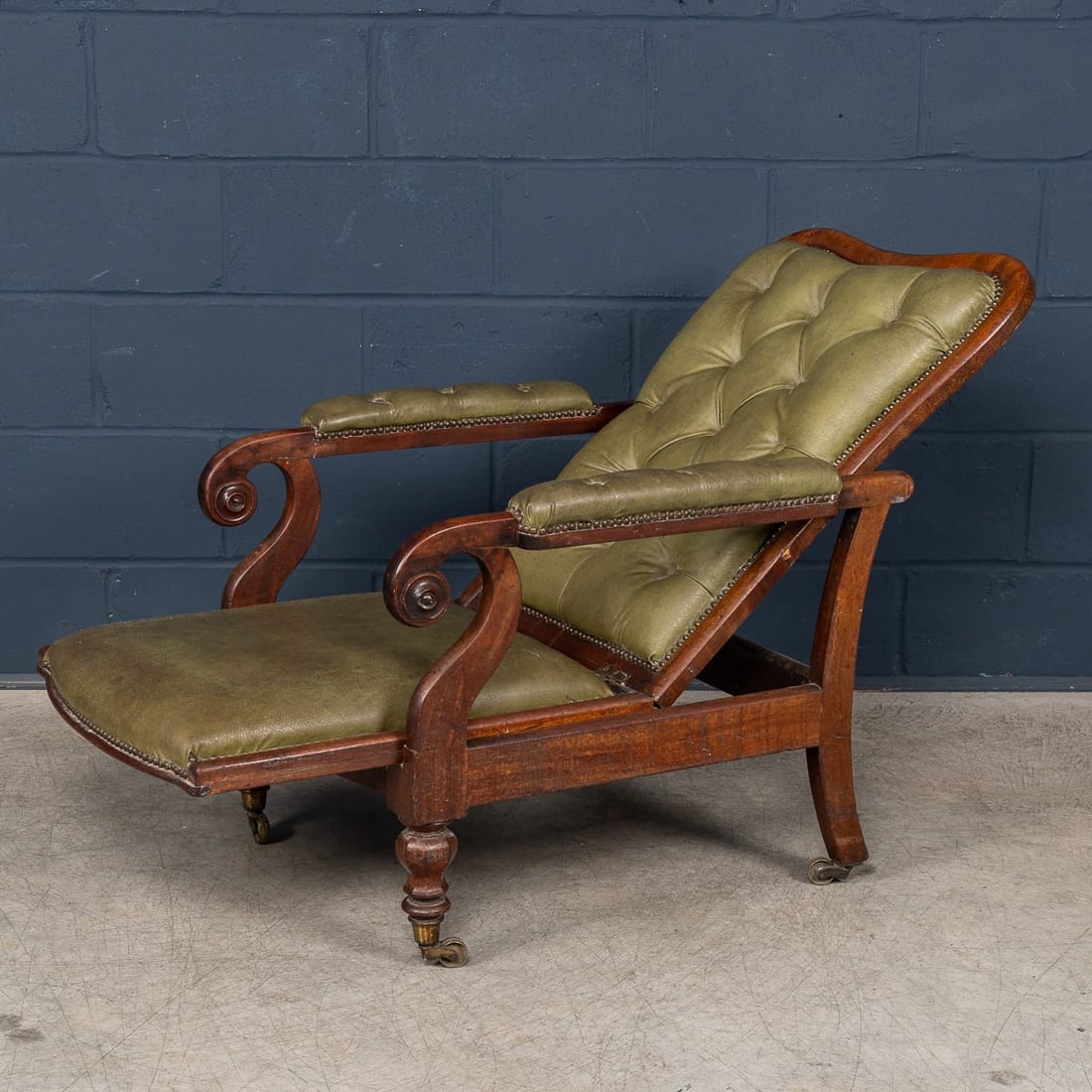ANTIQUE 19thC ENGLISH MAHOGANY RECLINING ARMCHAIR WITH GREEN LEATHER UPHOLSTERY - 4
