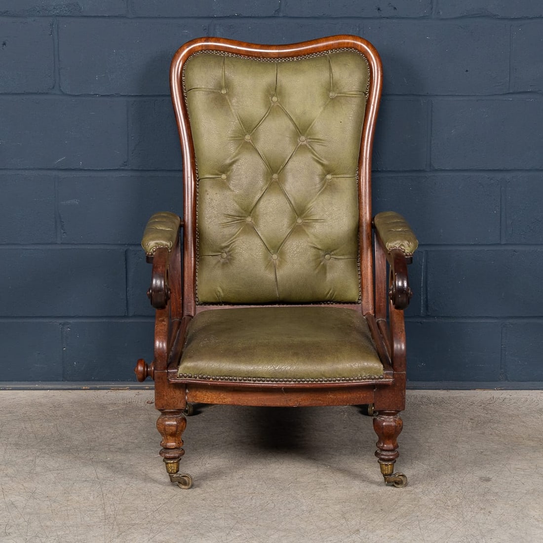 ANTIQUE 19thC ENGLISH MAHOGANY RECLINING ARMCHAIR WITH GREEN LEATHER UPHOLSTERY - 5