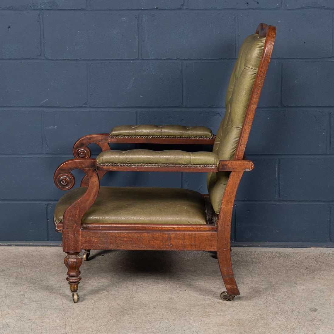 ANTIQUE 19thC ENGLISH MAHOGANY RECLINING ARMCHAIR WITH GREEN LEATHER UPHOLSTERY - 6