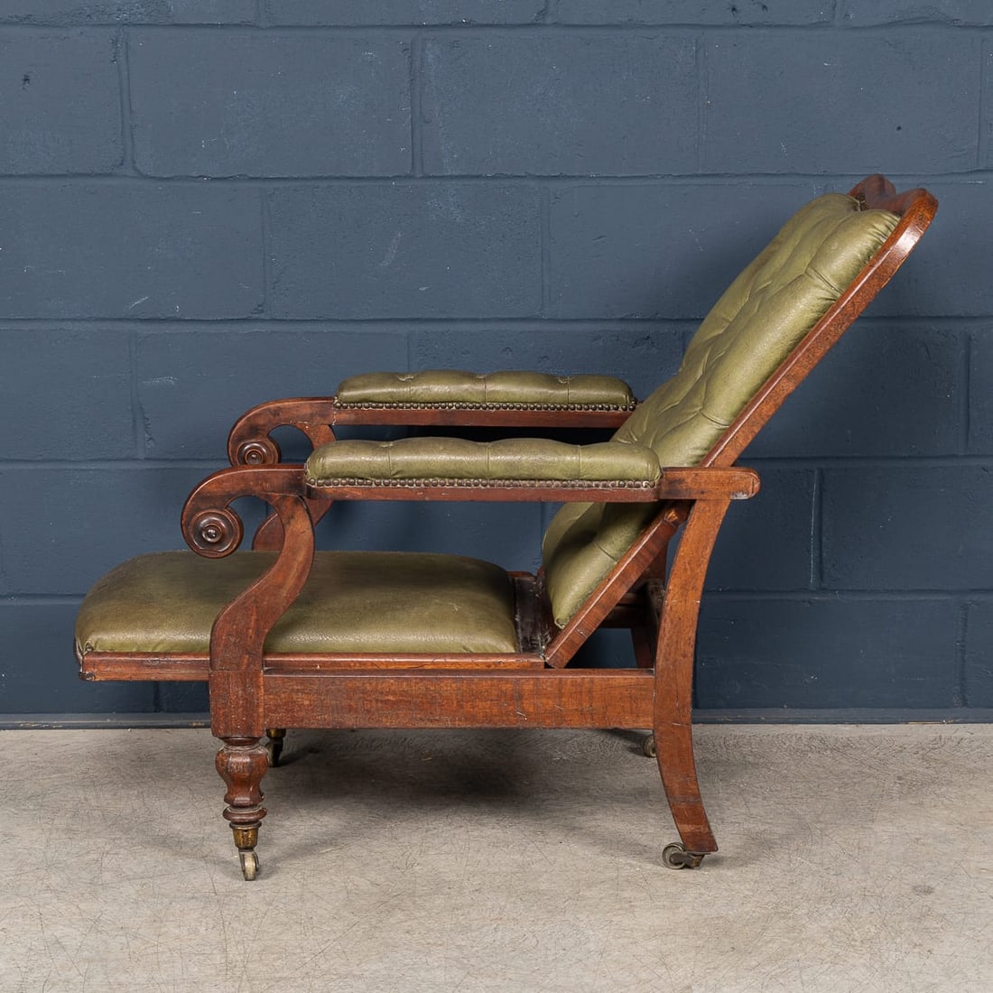 ANTIQUE 19thC ENGLISH MAHOGANY RECLINING ARMCHAIR WITH GREEN LEATHER UPHOLSTERY - 7