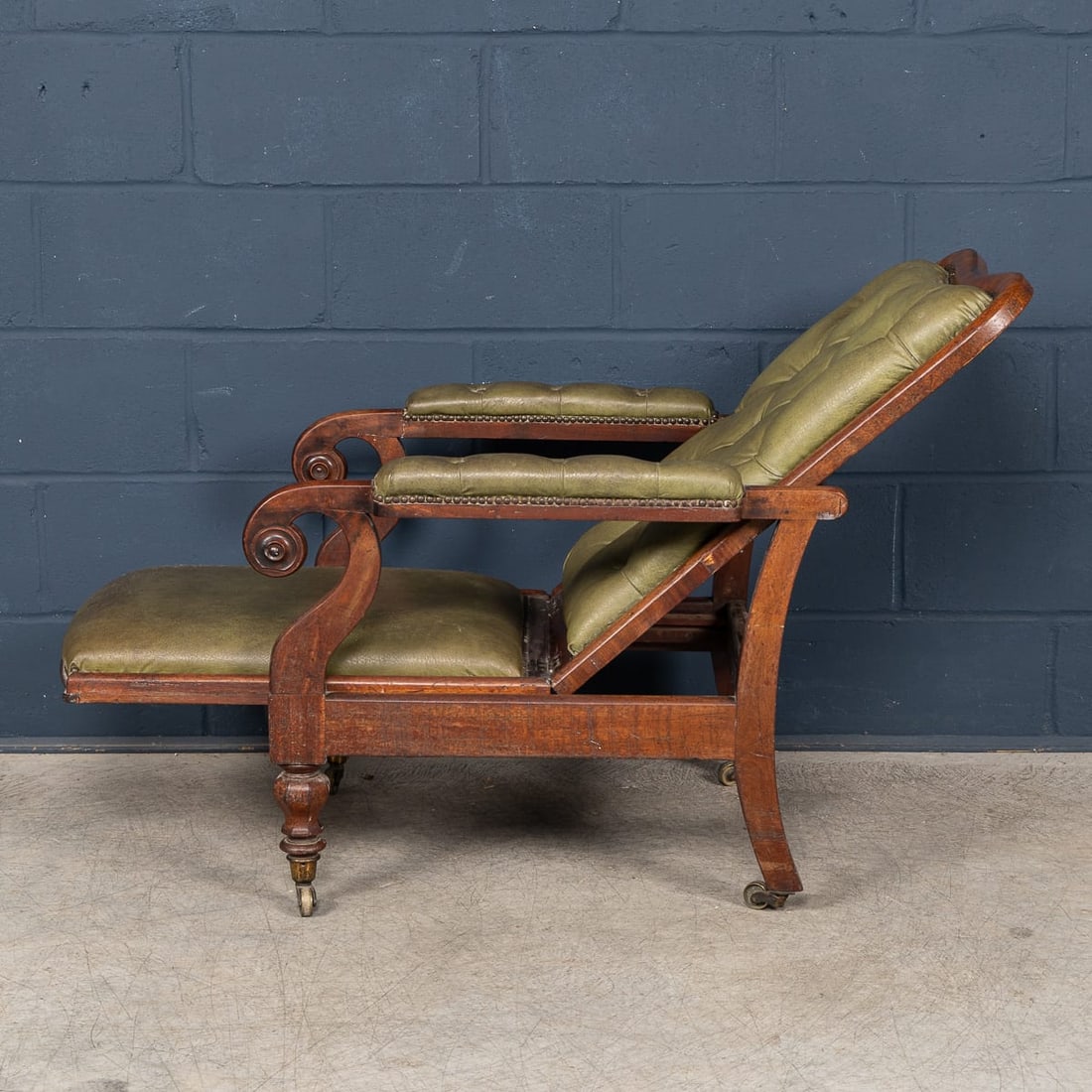 ANTIQUE 19thC ENGLISH MAHOGANY RECLINING ARMCHAIR WITH GREEN LEATHER UPHOLSTERY - 8