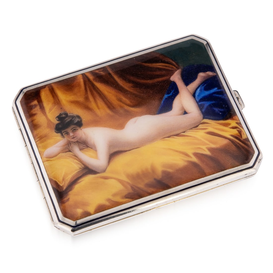 ANTIQUE 20thC AUSTRIAN SOLID SILVER & ENAMEL EROTIC CIGARETTE CASE c.1910: Antique early 20th Century Austrian solid silver & hand painted enamel cigarette case. Stunning quality, richly parcel gilt, the cover enamelled with a young nude girl in her bed, surrounded by