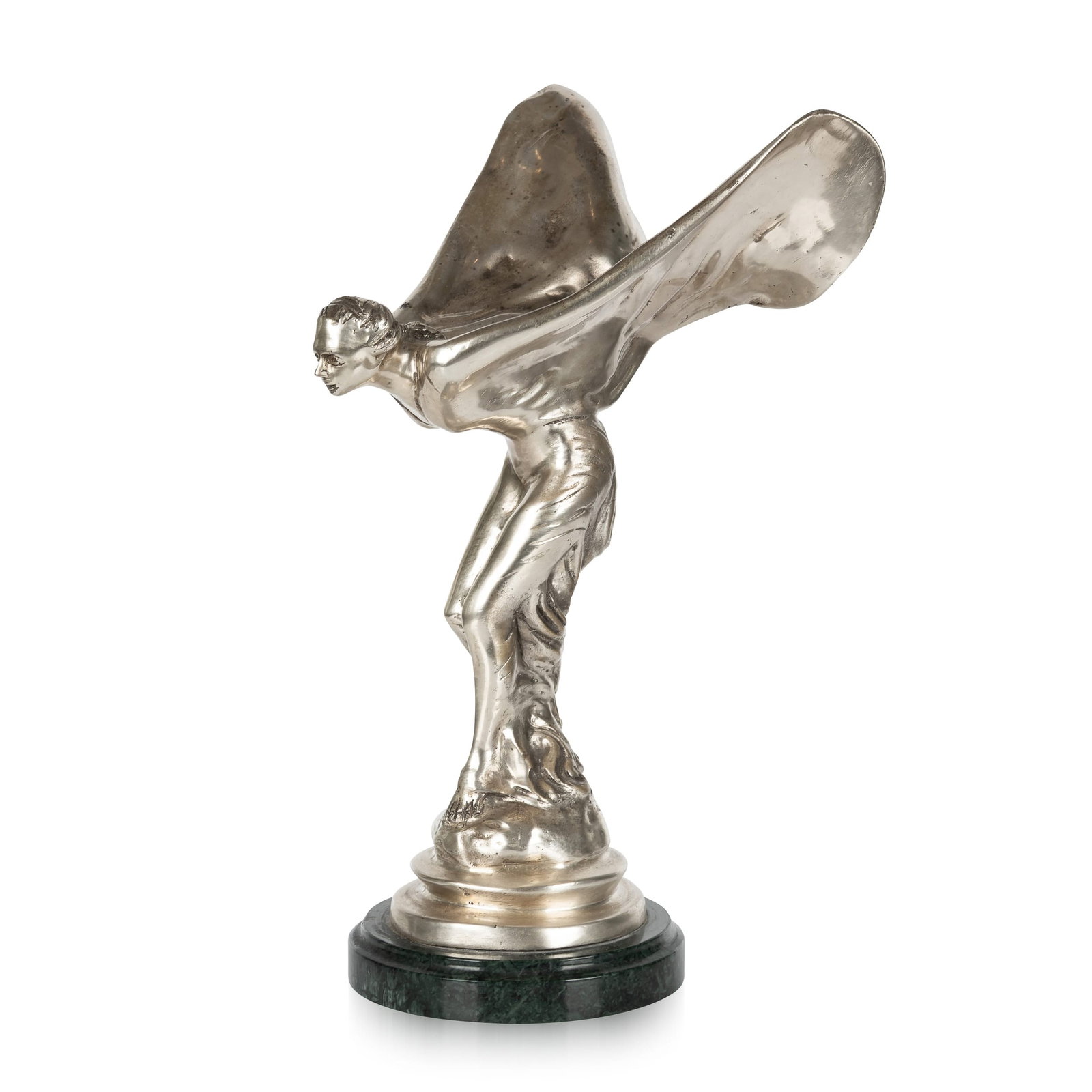 20thC ROLLS ROYCE 'SPIRIT OF ECSTASY' STATUE: A 20th Century English silver plated model of the legendary Rolls-Royce mascot which was designed by Charles Sykes, this later cast silver plated statue stands on round marble plinth. The Spirit of