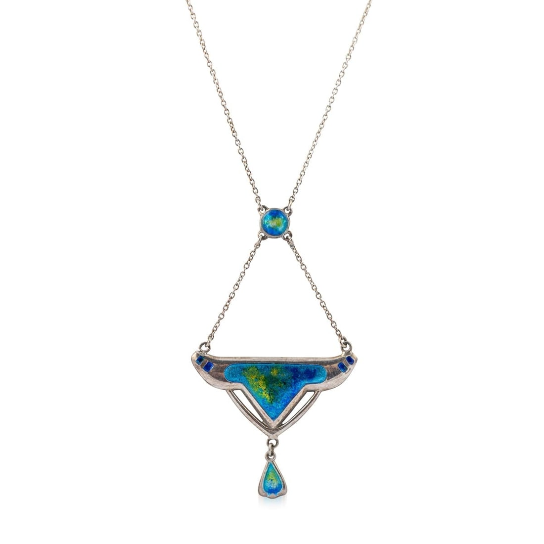ANTIQUE 20thC ART NOUVEAU SILVER & ENAMEL NECKLACE, CHARLES HORNER c.1908: Charles Horner, an Art Nouveau silver and enamel pendant, with later, integral chain, maker's marks for Charles Horner, hallmarks for Chester 1908 CONDITION: Overall good condition. Some surface