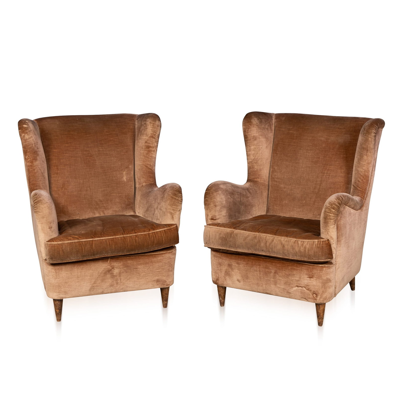 VINTAGE 20thC ITALIAN PAIR OF VELVET WINGBACK ARMCHAIRS c.1960: A stylish pair of Italian armchairs dating to the 1960s, upholstered in soft velvet. These chairs feature a classic wingback silhouette with gently flared sides and rounded arms, giving them an