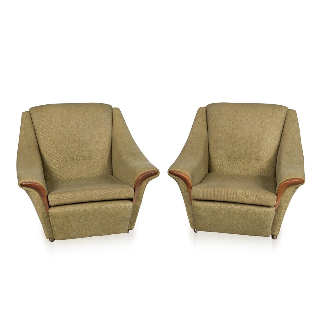VINTAGE 20thC ENGLISH PAIR OF OLIVE GREEN UPHOLSTERED ARMCHAIRS c.1960: A beautiful pair of mid-century armchairs displaying timeless charm and comfort. Upholstered in a lovely olive green fabric, the chairs feature button-tufted backrests that add a touch of