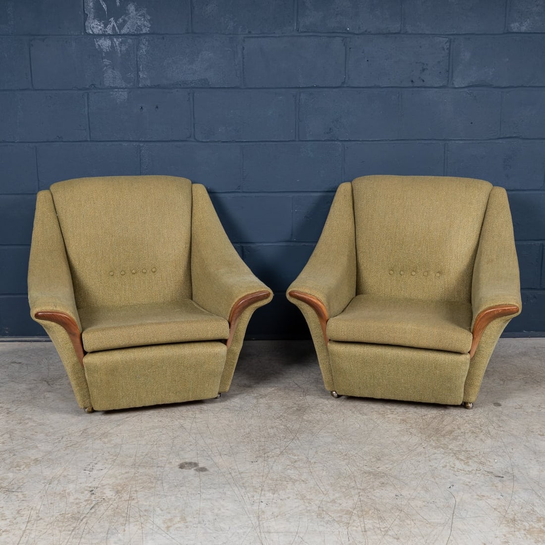 VINTAGE 20thC ENGLISH PAIR OF OLIVE GREEN UPHOLSTERED ARMCHAIRS c.1960 - 2