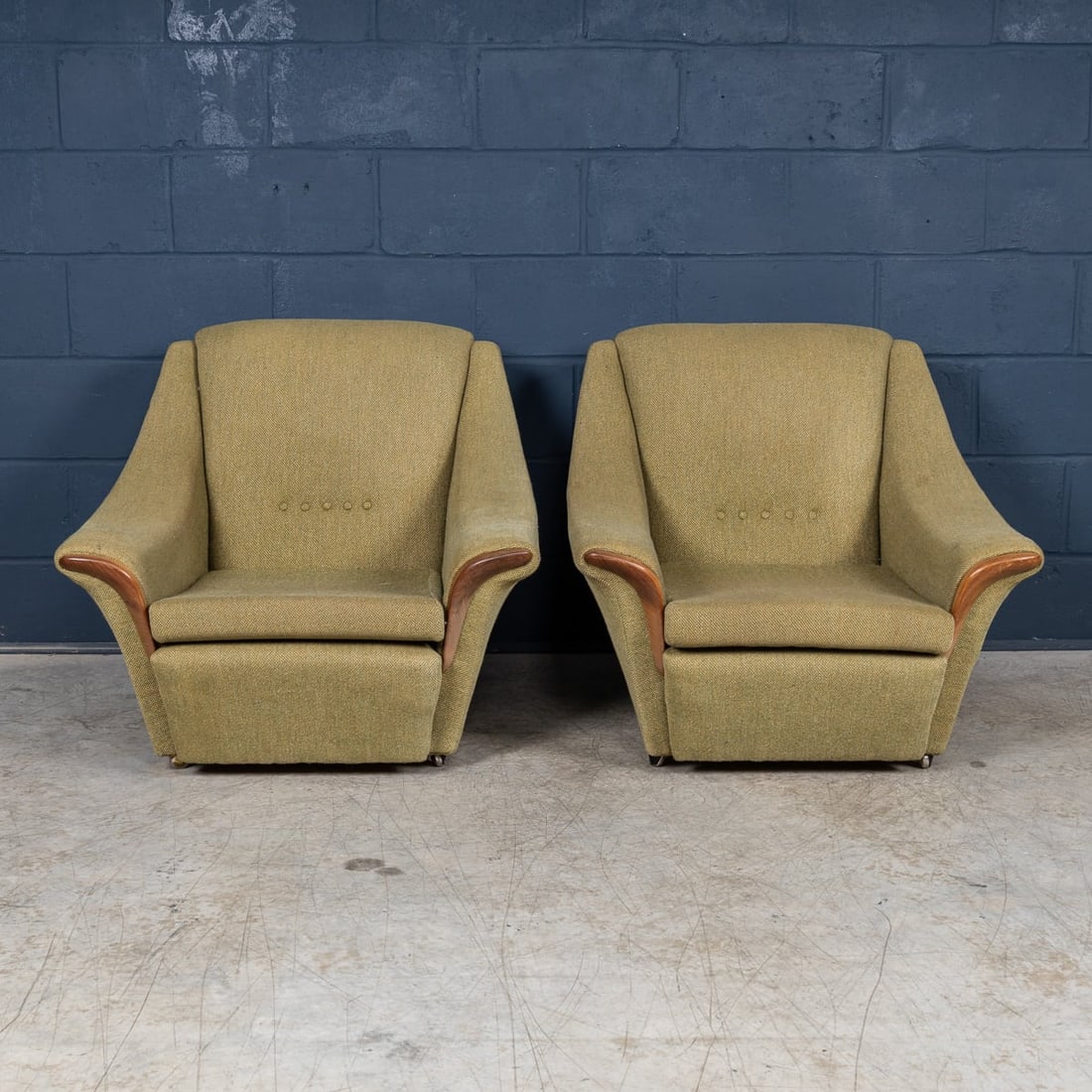 VINTAGE 20thC ENGLISH PAIR OF OLIVE GREEN UPHOLSTERED ARMCHAIRS c.1960 - 3