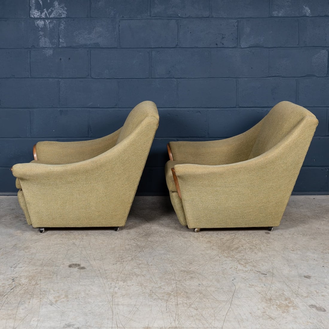 VINTAGE 20thC ENGLISH PAIR OF OLIVE GREEN UPHOLSTERED ARMCHAIRS c.1960 - 4