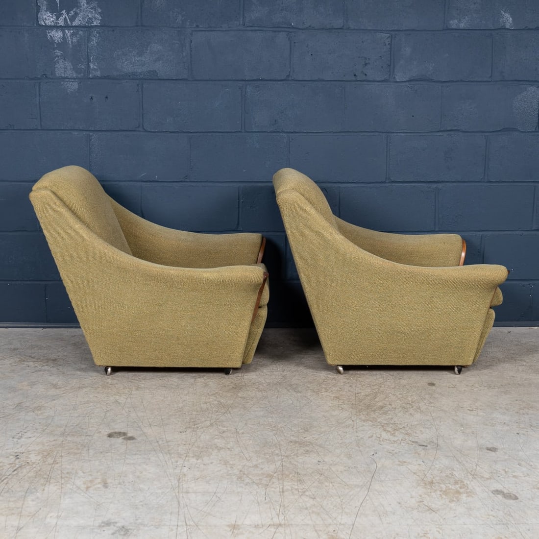 VINTAGE 20thC ENGLISH PAIR OF OLIVE GREEN UPHOLSTERED ARMCHAIRS c.1960 - 6